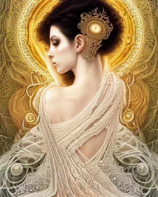 Image similar to beautiful ethereal maiden in a ivory masquerade mask intricate ornate fractal-lace and gemstones, wearing stunning ivory dress, ivory gold iridescent, full view, soft lighting, vivid, Hyperdetailed, 4k hd matte painting by Artgerm, Greg Rutkowski, Klimt, James Jean, 8k resolution, enchanting and otherworldly, Artstation, CGsociety, detailed, front view