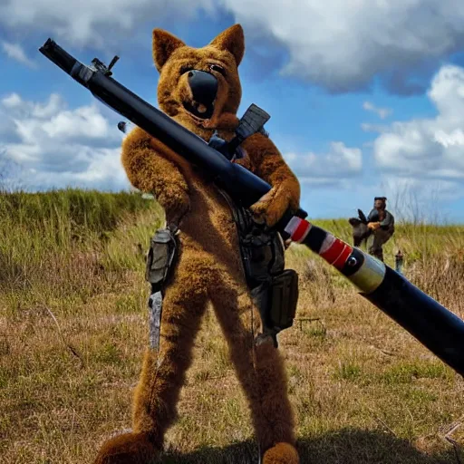 Prompt: a furry holding a rocket launcher in a battlefield, photograph