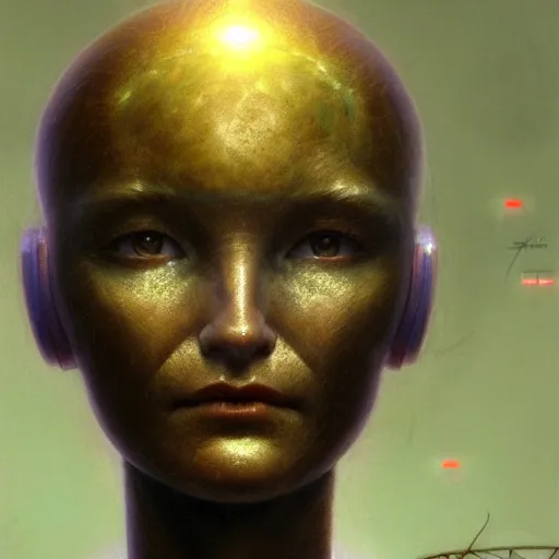 Image similar to detailed concept art portrait of a high - tech humanoid robot on a depth of field background, artstation, award - winning realistic sci - fi concept art by jim burns and greg rutkowski, beksinski, a realism masterpiece, expressive color palette, james gilleard, bruegel, alphonse mucha, and yoshitaka amano