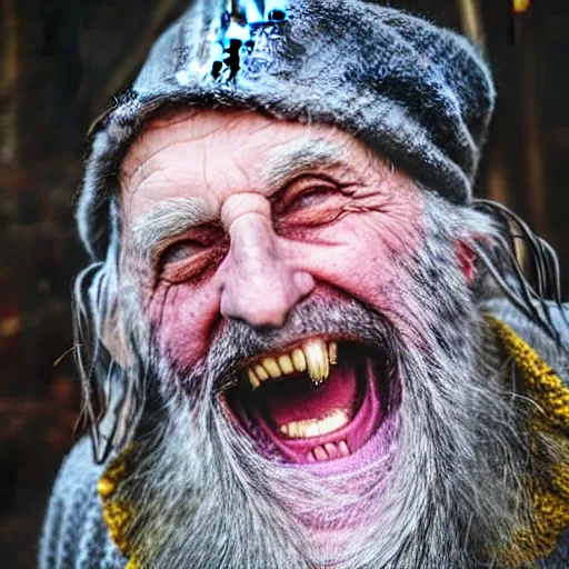Image similar to a crazy old druid wizard, bald, bushy grey eyebrows, long grey hair, disheveled, wise old man, wearing a grey wizard hat, wearing a purple detailed coat, a bushy grey beard, yellow skin, holding a large wooden staff, sorcerer, he is a mad old man, laughing and yelling