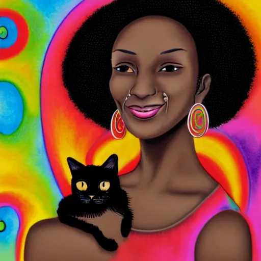 Prompt: an adult black woman, light skin, colorful ornate earrings, curly 3 c black hair, smile on her face, brown eyes, holding her small black bombay cat in the style of alex grey, trending on art station 8 k