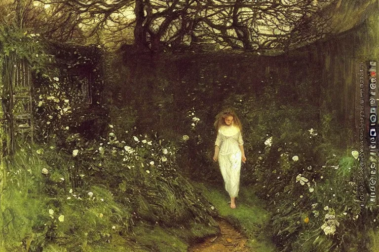 Prompt: secret garden, lush, floral, botanical, romanticism, dark, moody, john everett millais