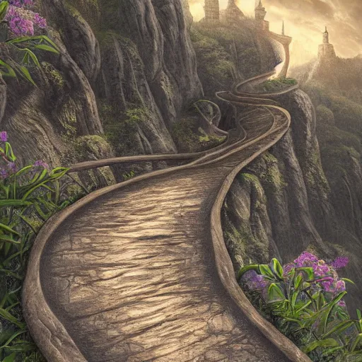 Image similar to a long winding pathway with deep cliffs on both sides, with a mysterious dark castle at the of the path, digital art, 8 k, concept art