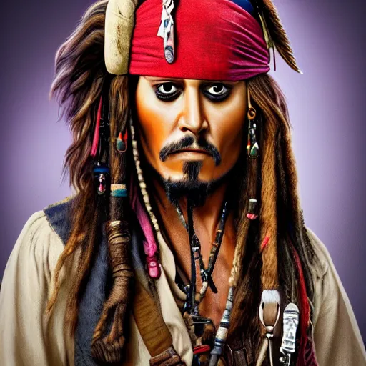 Image similar to jack sparrow with a parrot on the shoulder, portrait, 8k resolution, hyper detailed, realistic eyes, studio lighting, cinematic