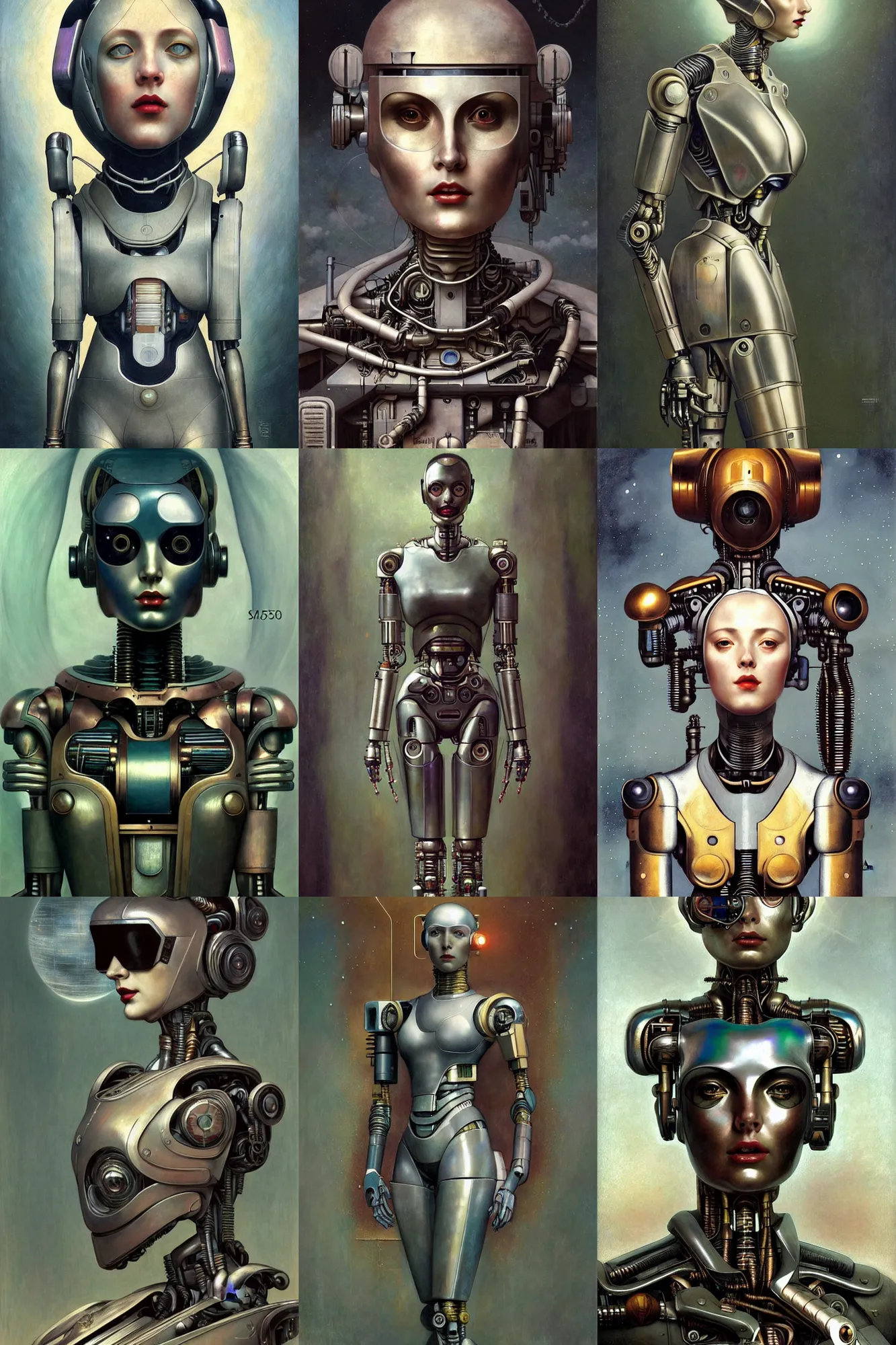 Prompt: fullbody and portrait futurist cyborg empress, perfect future, award winning art by santiago caruso, iridescent color palette, beautiful face, by wlop and karol bak and bouguereau and viktoria gavrilenko, 1 9 5 0 s retro future robot android. muted colors