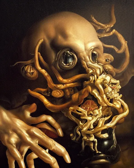 Image similar to refined gorgeous blended oil painting with black background by christian rex van minnen rachel ruysch dali todd schorr of a chiaroscuro portrait of an extremely bizarre disturbing mutated man with shiny skin acne dutch golden age vanitas intense chiaroscuro cast shadows obscuring features dramatic lighting perfect composition masterpiece