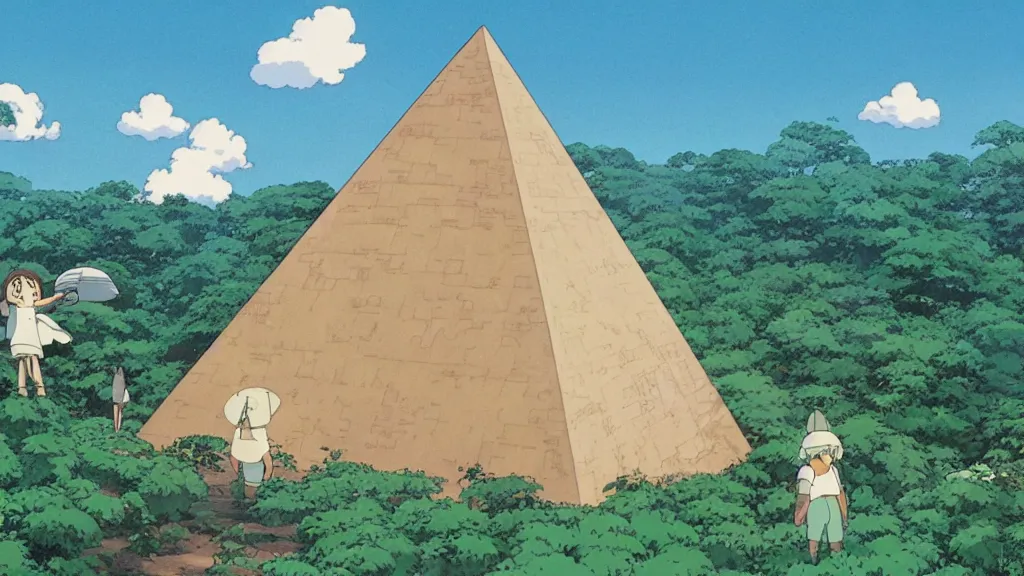 Image similar to a movie still from a studio ghibli film showing several large white pyramids and a golden ufo in the amazon jungle. by studio ghibli