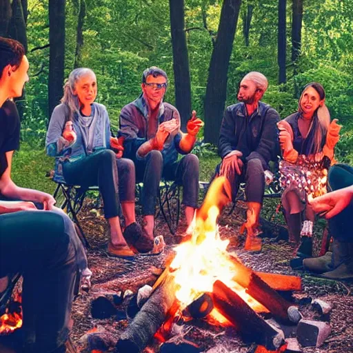 Image similar to god talking with 6 people around a campfire, realistic