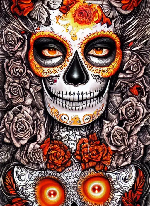 Image similar to portrait of a sugar skull, flaming eyes, intricate, highly detailed, smooth, digital illustration, the dark and quirky art of scott radke