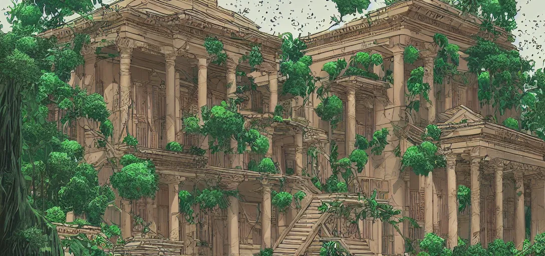 Prompt: Greek temple with hanging gardens in the graphic style of Patrick Gleason and Matt James, detailed art, trending on Artstation, sharp focus, Beautiful comic art