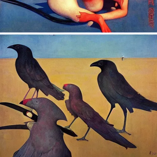 Image similar to a battle of crows in mumbai, hyperrealistic film still by edward hopper, by gottfried helnwein, by klimt, by paolo uccello, art nouveau, highly detailed, strong lights, liminal, eerie, bright pastel colors