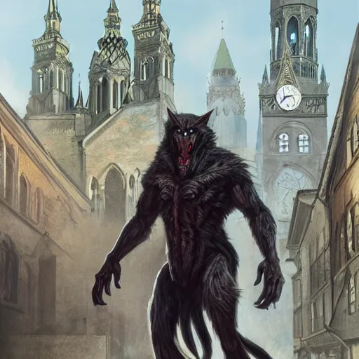 Prompt: werewolf in the downtown city lviv church of st. elizabeth, portrait, highly detailed, full body, digital painting, trending on artstation, concept art, sharp focus, illustration, art by artgerm and greg rutkowski and magali villeneuve