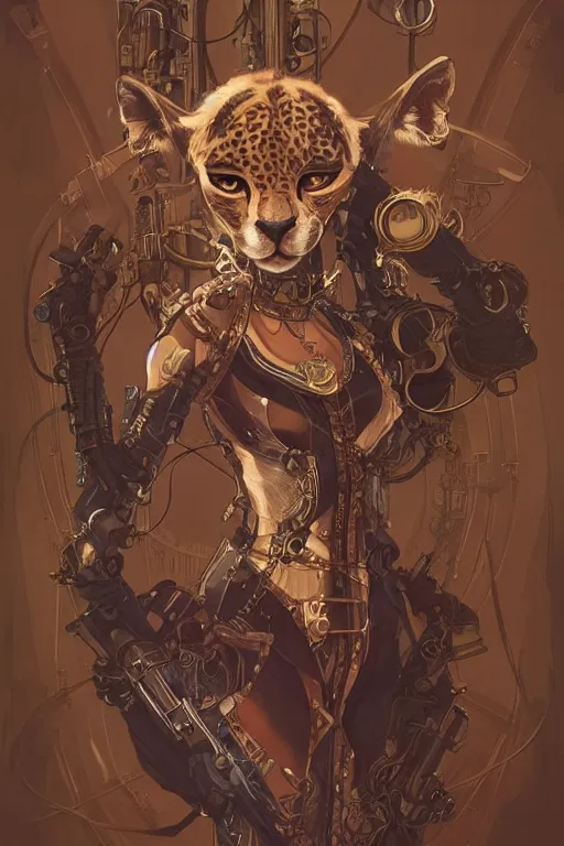 Image similar to anthropomorphic cheetah as steampunk half - cyborg, western, high fantasy, dnd, smooth, sharp focus, illustration, highly detailed, digital painting, artstation, concept art, by disney animation, rossdraws, alphonse mucha, frank fanzzeta, collectible card art