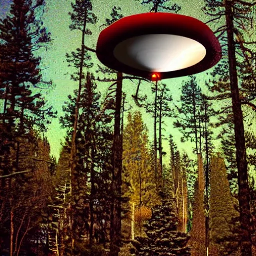 Image similar to grainy photograph of a hamburger-shaped UFO flying above a boreal forest
