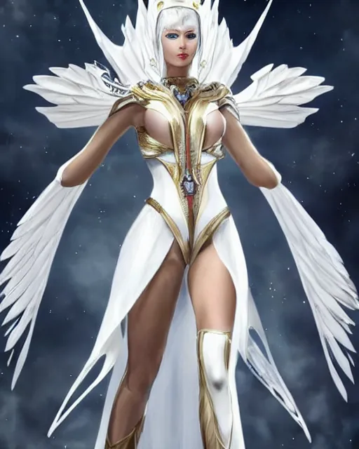 Image similar to perfect white haired egyptian goddess wearing white dove wings, warframe armor, regal, attractive, ornate, sultry, beautiful, charlize theron, pretty face, blue eyes, detailed, scifi platform, 4 k, ultra realistic, epic lighting, android body, illuminated, cinematic, masterpiece, art by akihito tsukushi, voidstar, artgerm