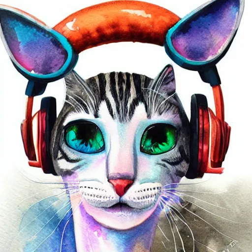 Image similar to beautiful detailed watercolor artwork of an anthropomorphic female cat wearing rgb gamer headset, super detailed, portrait, trending on artstation, deviantart, pixiv, made by jay naylor, dan mumford