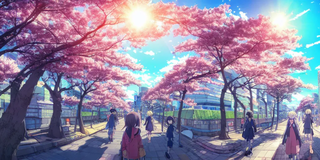 Prompt: anime style cityscape, spring season city, cherry blossoms blowing in the wind, day time, sun high in the sky, sun glare, clear weather, blue sky, tokyo japan, very few people walking, high detail and very sharp, detailed shading, artstation, wallpaper, kyoto animation productions, a silent voice