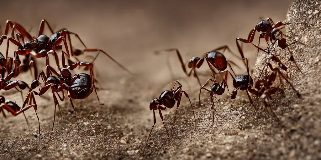 Image similar to epic battle scene Ants versus Spiders, Macro, the last stand, Epic Background, highly detailed, sharp focus, 8k, 35mm, cinematic lighting