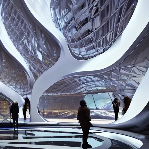 Image similar to a futuristic highly detailed temple to artificial intelligence designed by zaha hadid, humans pointing at a statue of an ai cyborg resembling athena, glowing lights, immersive experience, panoramic view, unreal engine