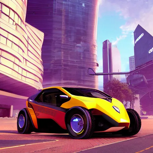 Prompt: octane render of new cyberpunk flying hover version of Renault sandero from 2077 in the city of future by syd mead