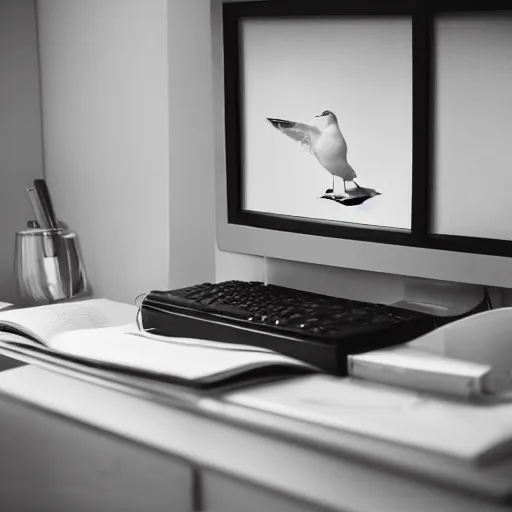 Prompt: a seagull typing at a computer in it's bedroom, close up, studio portrait