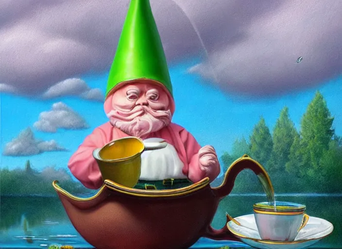 Image similar to a garden gnome sailing in a teacup, whimsical background of a reflective pond on a sunny day with dramatic clouds, an ultrafine detailed painting by mark ryden, trending on deviantart, pop surrealism, whimsical, lowbrow, joyous, perfect cute face