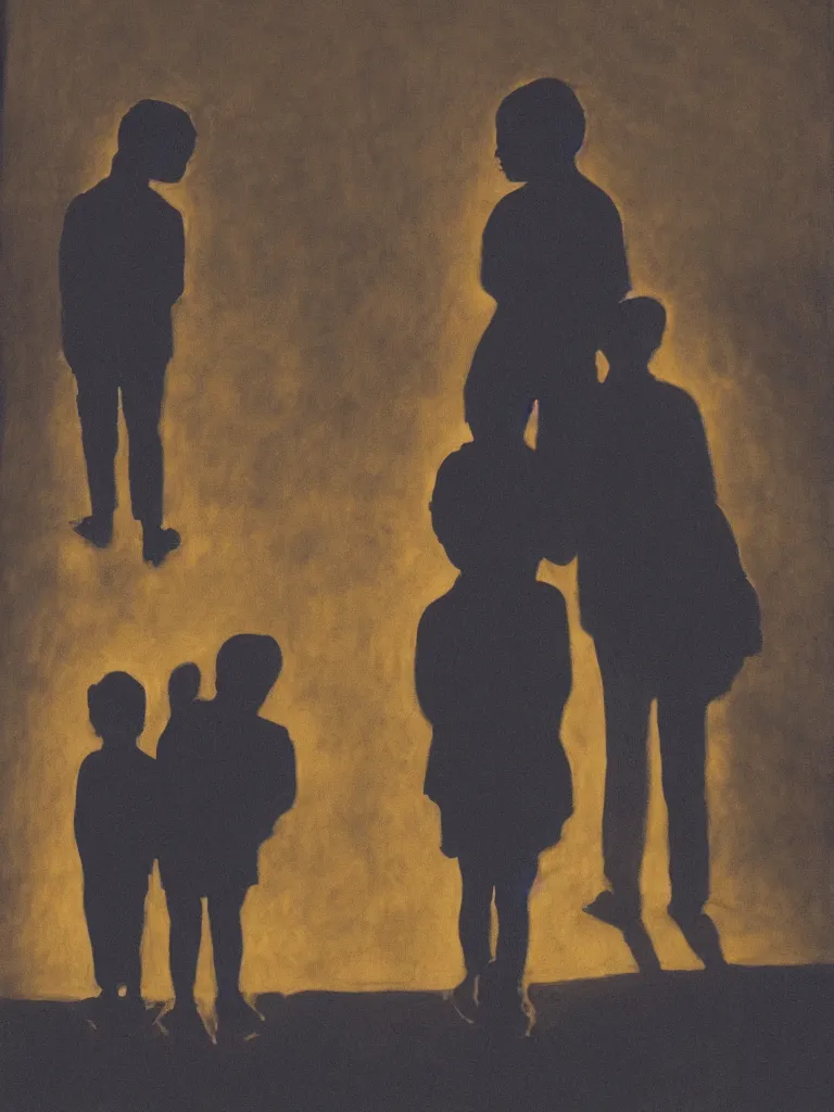 Image similar to backlit portrait of 2 kids posing at night, by alice neel, high definition, shadows, silhouette, intricate details, atmospheric, town square, dark, vegetation, small town, god light