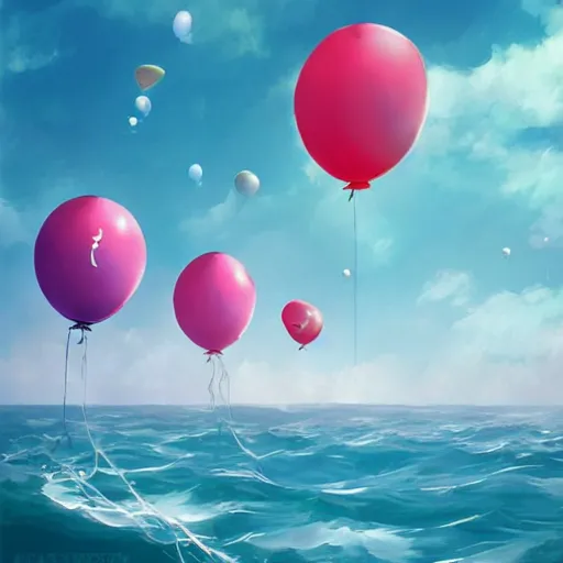 Prompt: plenty of floating birthday balloons. beautiful sea. digital art, highly - detailed, artstation cgsociety masterpiece