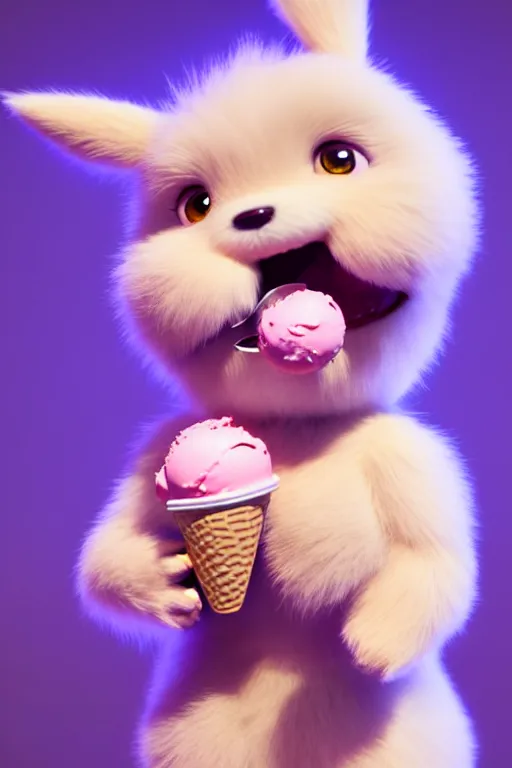 Image similar to high quality 3 d render hyperrealist very cute pastel fluffy! anthropomorphic westie eating giant ice cream full body, vray smooth, in the style of detective pikachu, hannah yata charlie immer, very dramatic pink light, low angle, uhd 8 k, shallow depth or field