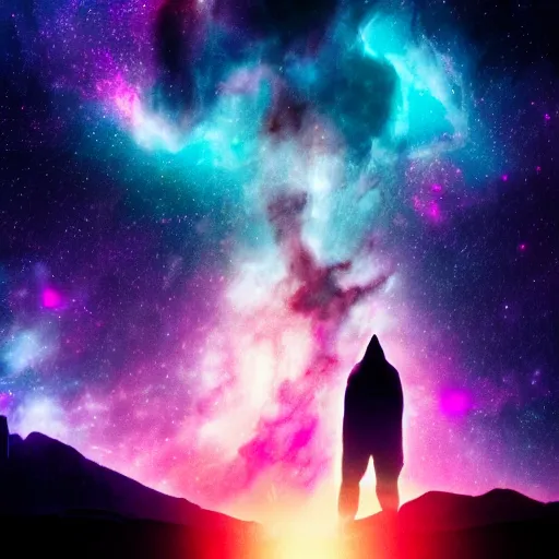 Image similar to a towering godlike apparition in the shape of a human, made of smoke and fog, backlit by pink, purple, red, blue neon lighting, nebulas, backround of stars and galaxies