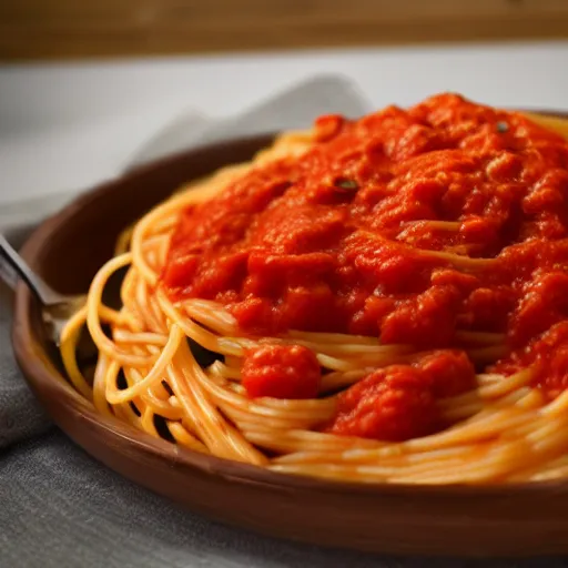 Prompt: a beautiful plate of spaghetti with tomato marinara sauce poured on top, 8k hd, photorealistic, highly detailed