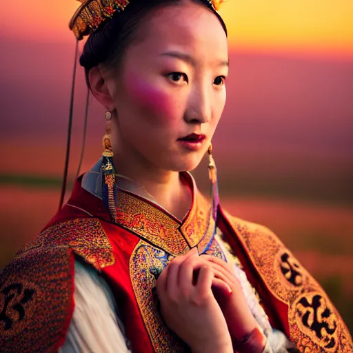 Image similar to photographic portrait of a stunningly beautiful renaissance mongol female in traditional dress in soft dreamy light at sunset, contemporary fashion shoot, by edward robert hughes, annie leibovitz and steve mccurry, david lazar, jimmy nelsson, breathtaking, 8 k resolution, extremely detailed, beautiful, establishing shot, artistic, hyperrealistic, beautiful face, octane render