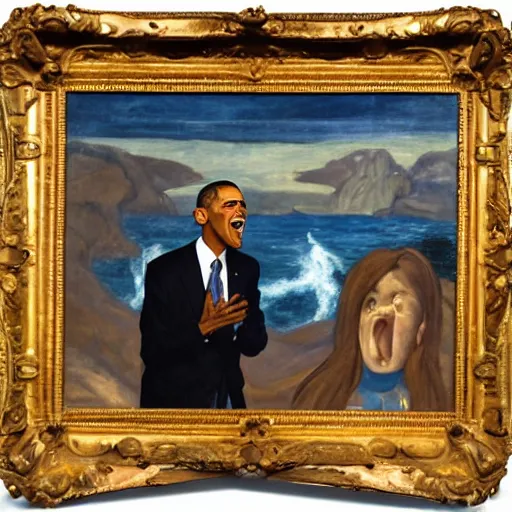 Image similar to obama shouting on skrik munch's painting, museum masterpiece, worth a lot, sothebys