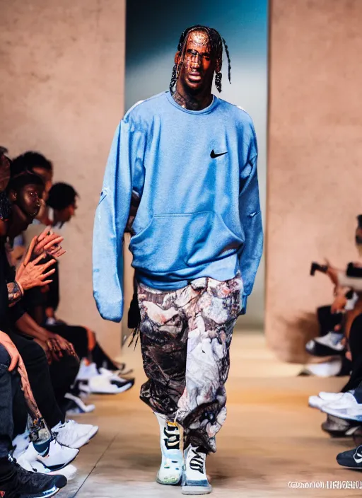 Image similar to hyperrealistic and heavy detailed nike runway show of travis scott, leica sl 2 5 0 mm, vivid color, high quality, high textured, real life