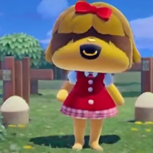 Image similar to A still of Isabelle from Animal Crossing in a lost footage horror movie, late 2000’s, low quality, vhs quality