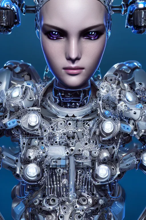 Image similar to close up headshot of a female android, intricately detailed mechanical parts, complicated circuits and wires, beautiful gazing symmetric blues eyes, unreal engine, path tracing, 8k, artstation