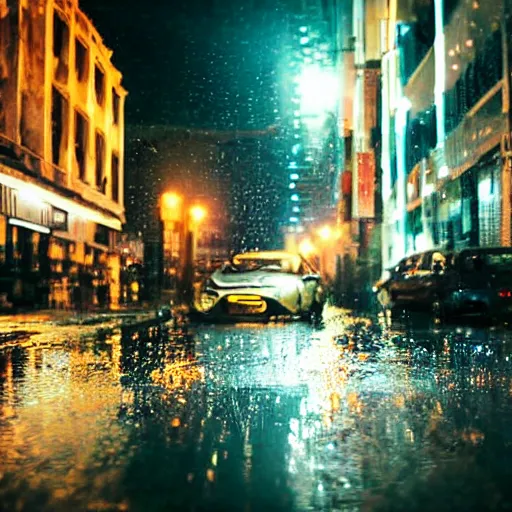 Image similar to a city street at night, raining, photograph, cars on the road, monster attack