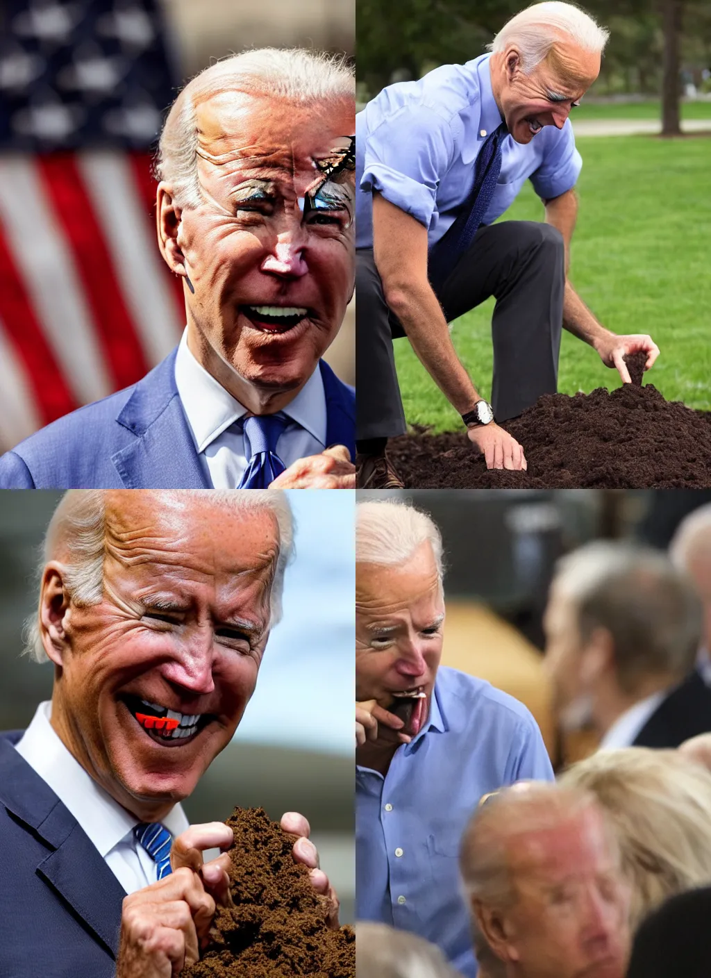 Prompt: joe biden eating a pile of dirt, dirt in his mouth