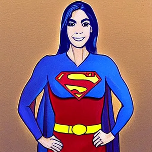 Prompt: a painting of Alexandria Ocasio-Cortez wearing superman's uniform