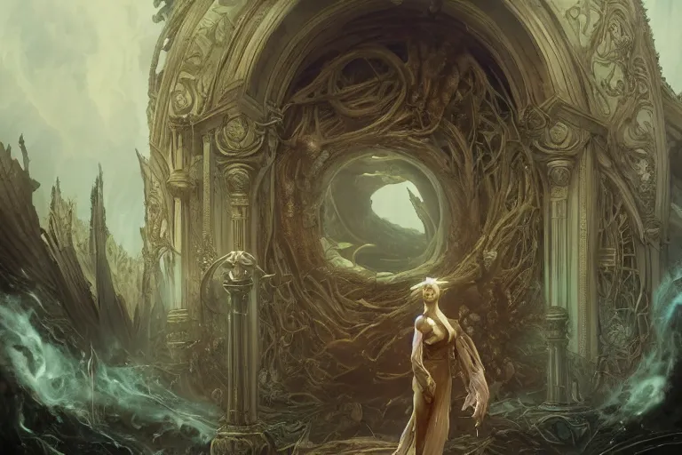 Image similar to painting of sacred ancient evil corrupted cursed portal to another dimension, demonic forces, concept art, intricate details, eerie, highly detailed, photorealistic, octane render, 8 k, unreal engine. art by artgerm and greg rutkowski and alphonse mucha