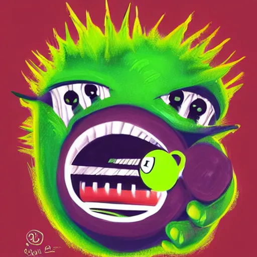 Prompt: portrait of a tennis ball monster holding a coffee, colorful, digital art, fantasy, magic, chalk, trending on artstation, ultra detailed, professional illustration by basil gogos