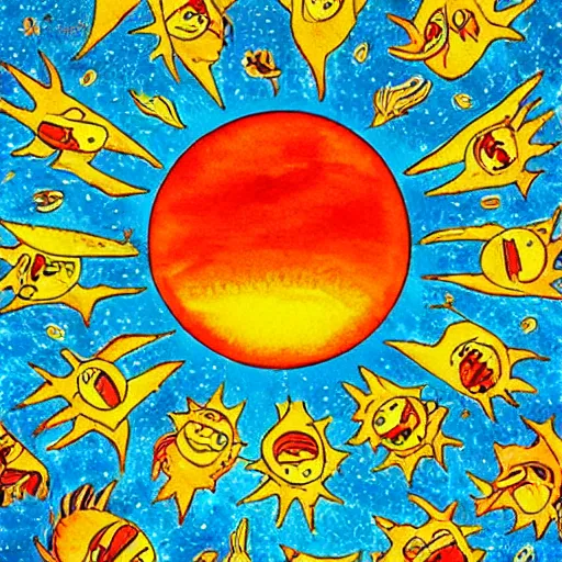 Image similar to A beautiful photograph of the sun. The sun is depicted as a large ball in the center of the piece, with rays of light emanating out from it in all directions. chinese watercolor by Richard Scarry, by Matt Groening, by Alan Moore decorative