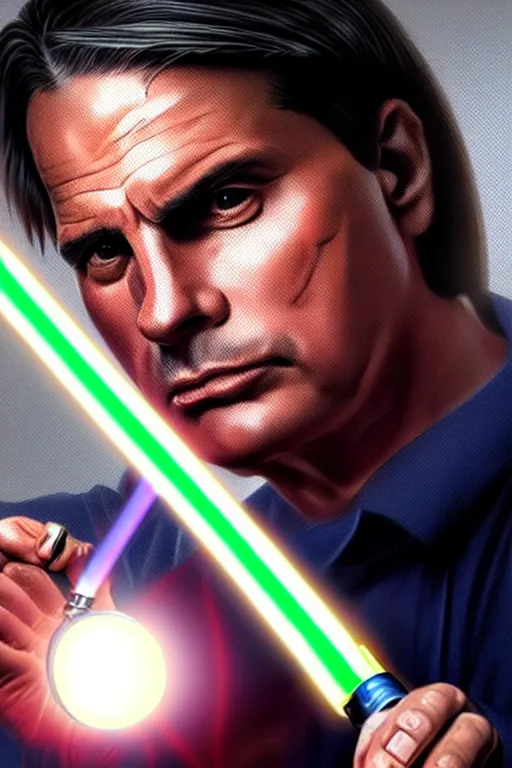 Prompt: breathtaking detailed concept art painting of jair messias bolsonaro holding a lightsaber, by hsiao - ron cheng, exquisite detail, extremely moody lighting, 8 k