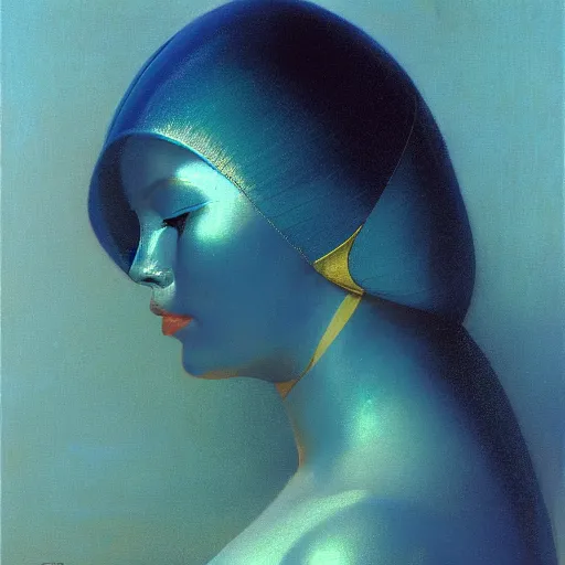 Image similar to a chrome woman's face in flowing sheets of cobalt blue gold chrome silver satin, by moebius syd mead roger dean wojciech siudmak donato giancola yoshitaka amano ivan aivazovsky jan de heem pieter claesz paul delaroche alma tadema aelbert cuyp willem claesz, hyperrealistic volumetric light render