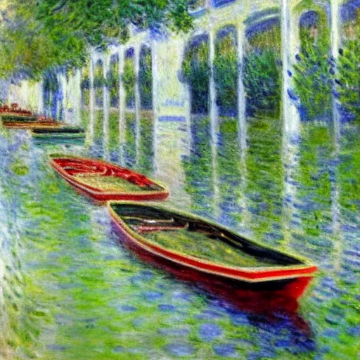 Image similar to An art gallery displaying Monet paintings. The art gallery is flooded. Robots are going around the art gallery using paddle boards