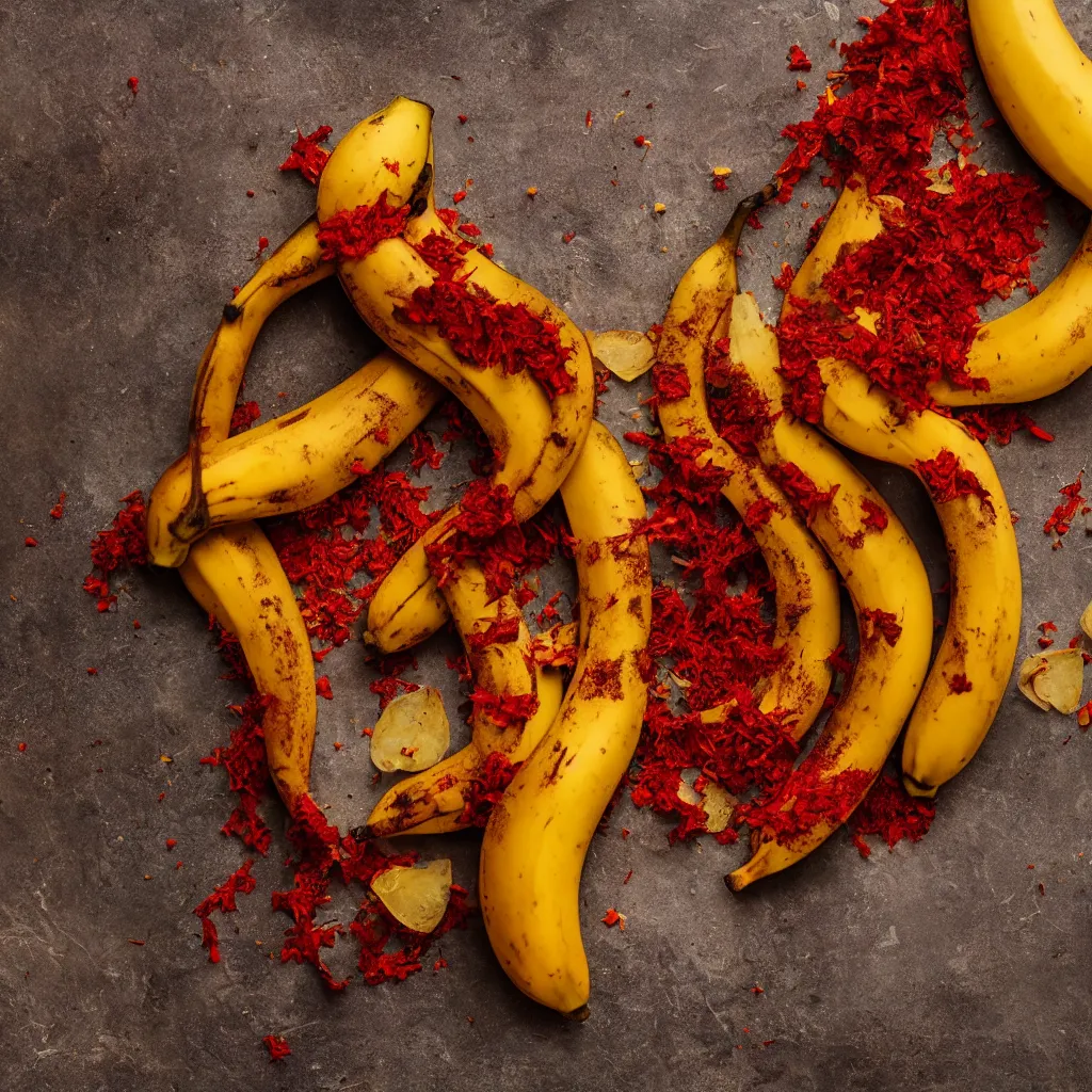 Image similar to fat banana in the shape of dried red pepper and potato flowers, closeup, hyper real, food photography, high quality