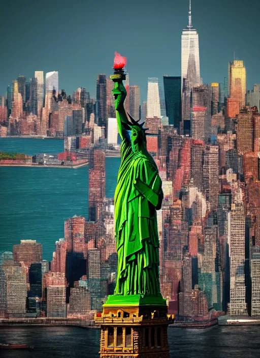 Prompt: red version of the statue of liberty holding a green torch with new york in the backround, new york, hd, statue of liberty, daytime, 4 k, octane render, ultra detail