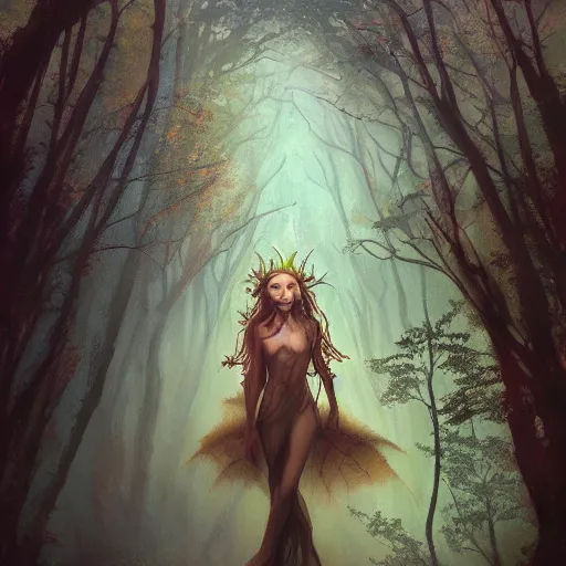 Image similar to cinematic painting, portrait of a dryad, inspired by brian froud, inspired by dungeons and dragons, fey, mysterious, in an evening autumn forest, trending on art station, cinematic sunset evening lighting, ominous shadows by jessica rossier