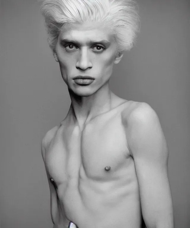 Image similar to a color photograph of a non binary model, platinum blonde, by robert mapplethorpe, intense, bold, hyperrealistic, ultra sharp, extra details, ultra high quality, trending on pinteresst