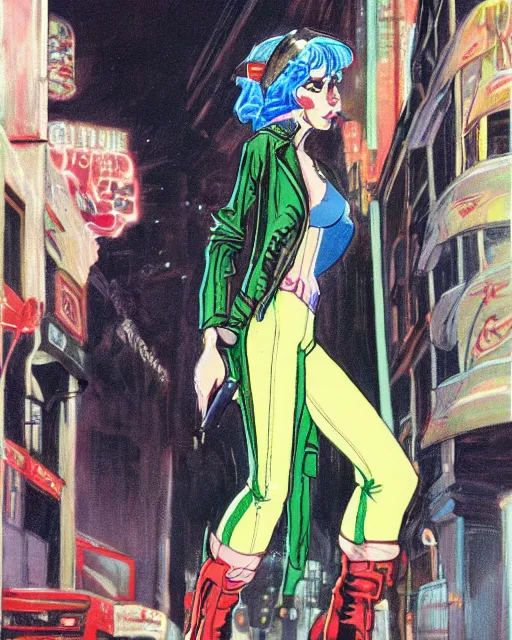 Image similar to young female protagonist in leather jacket, city street, artwork by ralph bakshi